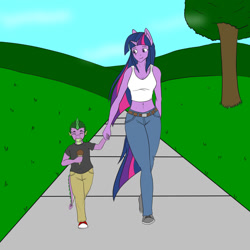 Size: 1024x1024 | Tagged: safe, artist:nwinter3, spike, twilight sparkle, anthro, dragon, plantigrade anthro, belly button, clothes, converse, food, holding hands, ice cream, jeans, mama twilight, midriff, pants, shirt, shoes, t-shirt, tanktop, tree, walkway