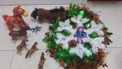 Size: 4128x2322 | Tagged: safe, artist:horsesplease, photographer:horsesplease, twilight sparkle, horse, equestria girls, absurd resolution, christmas decoration, clydesdale, decoration, doll, equestria girls minis, eqventures of the minis, irl, photo, plushie, shetland pony, snow, snowflake, story included, this will end in tears, tinsel, toy, transformers