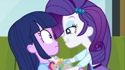 Size: 1100x618 | Tagged: safe, screencap, rarity, twilight sparkle, equestria girls, rainbow rocks, bedroom eyes, bowtie, bracelet, food, jewelry, lip bite, milkshake, orange, out of context