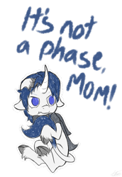 Size: 741x1079 | Tagged: safe, artist:ethaes, oc, oc only, oc:vesper iris, classical unicorn, pony, unicorn, them's fightin' herds, blue hair, clothes, cloven hooves, community related, curved horn, floppy ears, holding tail, it's not a phase, leonine tail, scarf, scrunchy face, simple background, text, tfh oc, transparent background, unshorn fetlocks