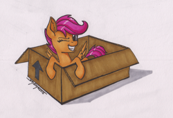 Size: 1024x699 | Tagged: safe, artist:shikogo, scootaloo, arrow, box, grin, inktober, inktober 2016, one eye closed, smiling, solo, spread wings, traditional art, wink