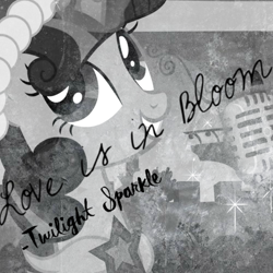 Size: 800x800 | Tagged: safe, artist:penguinsn1fan, twilight sparkle, pony, clothes, cover, dress, love is in bloom, monochrome, solo