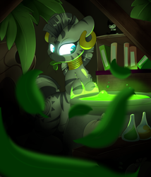 Size: 2200x2575 | Tagged: safe, artist:madacon, zecora, zebra, book, cauldron, cute, ear piercing, female, glowing eyes, leaf, piercing, potion, solo, zecora's hut