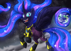 Size: 1500x1078 | Tagged: safe, artist:not-ordinary-pony, mane-iac, nightmare moon, clothes, fangs, female, fusion, long mane, long tail, looking at you, moon, open mouth, raised hoof, rearing, smiling, solo, space, spread wings