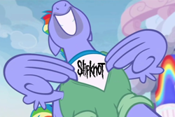 Size: 600x400 | Tagged: safe, edit, edited screencap, screencap, bow hothoof, pegasus, pony, parental glideance, bow's t-shirt, clothes, grin, meme, nose in the air, slipknot, smiling, solo, volumetric mouth, wing hands