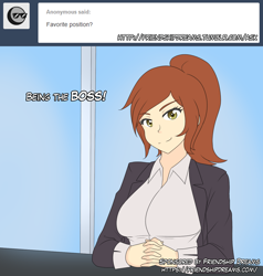 Size: 1280x1347 | Tagged: safe, artist:friendshipdreams, artist:jonfawkes, oc, oc only, oc:pillow talk (friendship dreams), human, barely pony related, clothes, community related, female, humanized, humanized oc, looking at you, smiling, solo, tumblr