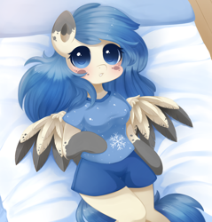 Size: 900x943 | Tagged: safe, artist:exceru-karina, oc, oc only, oc:murky icicle, anthro, pegasus, unguligrade anthro, anthro oc, arm hooves, bed, breasts, clothes, cute, female, looking at you, lying down, mare, ocbetes, on back, pajamas