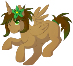 Size: 937x852 | Tagged: safe, artist:pridark, oc, oc only, oc:princess silvanus, alicorn, pony, alicorn oc, flower, flower in hair, one eye closed, solo, wink