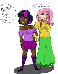 Size: 792x1008 | Tagged: safe, artist:pandaamanda11, derpibooru import, fluttershy, twilight sparkle, human, clothes, cute, dark skin, dialogue, female, humanized, lesbian, shipping, sweater, sweatershy, twishy