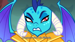 Size: 1280x720 | Tagged: safe, edit, edited screencap, screencap, princess ember, dragon, gauntlet of fire, caption, dragon armor, meme, solo, subtitles