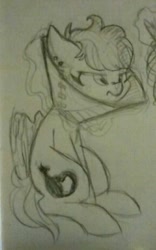 Size: 670x1075 | Tagged: safe, artist:hippykat13, oc, oc only, oc:kitty sweet, pegasus, pony, black and white, cone, cute, grayscale, monochrome, piercing, sketch, solo, traditional art, upset