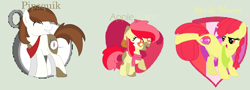 Size: 1240x446 | Tagged: safe, artist:xrainbowdash-mlp, apple bloom, pipsqueak, oc, oc:apple paint, pony, alternate hairstyle, base used, cutie mark background, eyes closed, female, green background, male, mare, offspring, older, older apple bloom, parent:apple bloom, parent:pipsqueak, parents:pipbloom, pipbloom, shipping, simple background, stallion