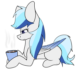 Size: 853x769 | Tagged: safe, artist:fizzy2014, oc, oc only, oc:silver skies, pegasus, pony, coffee, female, food, mare, marshmallow, prone, simple background, solo, transparent background, up