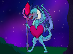 Size: 1280x944 | Tagged: safe, artist:twisted-sketch, dragon lord ember, princess ember, dragon, bloodstone scepter, blushing, box of chocolates, looking away, night, night sky, nose wrinkle, offscreen character, open mouth, pov, solo, spread wings, stars, tsundember, tsundere, valentine's day