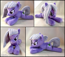 Size: 2864x2496 | Tagged: safe, artist:sewyouplushiethings, limestone pie, earth pony, pony, beanie (plushie), female, fluffy, frown, glare, grumpy, high res, irl, mare, photo, plushie, prone, smirk, solo