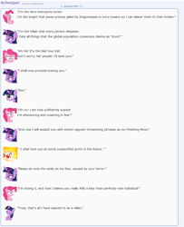 Size: 894x1099 | Tagged: safe, artist:dziadek1990, derpibooru import, pinkie pie, twilight sparkle, twilight sparkle (alicorn), alicorn, earth pony, pony, cheesy, conversation, dialogue, emote story, emotes, fear, fight, hero, heroine, reddit, roleplay, roleplaying, silly, slice of life, talking, text, threat, threatening, villainess