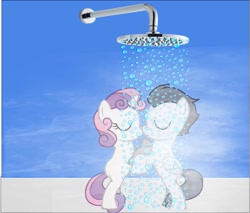 Size: 823x702 | Tagged: safe, artist:jawsandgumballfan24, rumble, sweetie belle, pony, pony creator, 1000 hours in gimp, bipedal, eyes closed, female, male, rumbelle, shipping, shower, steam, straight