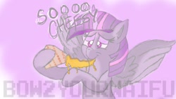 Size: 1024x576 | Tagged: safe, artist:bow2yourwaifu, twilight sparkle, twilight sparkle (alicorn), alicorn, pony, abstract background, eating, food, obtrusive watermark, out of character, quesadilla, solo, they're just so cheesy, watermark