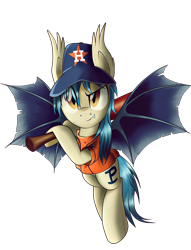 Size: 1536x2009 | Tagged: safe, artist:ruhisu, oc, oc only, oc:moonshot, bat pony, pony, baseball, baseball bat, baseball cap, clothes, full body, hat, houston astros, looking at you, mlb, pun, solo, uniform