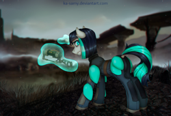 Size: 1024x698 | Tagged: safe, artist:ka-samy, oc, oc only, oc:dragonfire, pony, unicorn, fallout equestria, fallout equestria: child of the stars, armor, dark, dock, fallout, looking at you, looking back, plot, post-apocalyptic, solo, tail, weapon