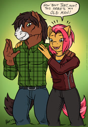 Size: 766x1100 | Tagged: safe, artist:kaemantis, babs seed, trouble shoes, anthro, clothes, dialogue, duo, father and child, father and daughter, female, male, mare, older, parent and child, smiling, speech bubble, stallion