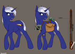 Size: 1024x731 | Tagged: safe, artist:backlash91, oc, oc only, oc:starlight, pony, unicorn, fallout equestria, fanfic:fallout equestria: the chrysalis, female, pipbuck, saddle bag, simple background, solo, weapon