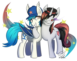 Size: 1000x792 | Tagged: safe, artist:alidythera, oc, oc only, oc:general blitz, oc:moonshot, bat pony, pony, unicorn, baseball cap, corrupted, hat, peaked cap, simple background, sombra eyes, transparent background