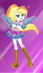 Size: 349x596 | Tagged: safe, oc, oc only, oc:golden angel, equestria girls, boots, crossed arms, high heel boots, ruffle skirt, smirk, solo, spread wings, starsue, wings