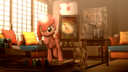 Size: 1920x1080 | Tagged: safe, artist:sourcerabbit, oc, oc only, oc:ruby brush, 3d, bottle, bucket, hair over one eye, looking at you, magic, painting, pillow, raised hoof, sofa, solo, source filmmaker, table, thinking, window