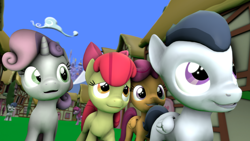 Size: 3840x2160 | Tagged: safe, artist:viranimation, apple bloom, berry punch, berryshine, rumble, scootaloo, shady daze, sweetie belle, 3d, cutie mark crusaders, ponyville, source filmmaker, street