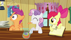 Size: 1280x720 | Tagged: safe, screencap, apple bloom, scootaloo, sweetie belle, pony, hearts and hooves day (episode), book, clubhouse, crusaders clubhouse, cutie mark crusaders, feather, hearts and hooves day, lantern, plucking, reaction, trio, window