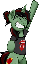 Size: 475x770 | Tagged: safe, artist:smokeymcdaniel, oc, oc only, pony, unicorn, clothes, grin, rolling stones, shirt, simple background, smiling, solo, t-shirt, transparent background