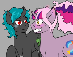 Size: 1800x1400 | Tagged: safe, artist:jolliapplegirl, oc, oc only, oc:sirius veil, oc:toxic love, changeling, pony, unicorn, changeling oc, grin, magical lesbian spawn, nervous, nervous grin, next generation, offspring, parent:mane-iac, parent:princess celestia, parent:queen chrysalis, parent:twilight sparkle, parents:chrysiac, parents:twilestia, smiling