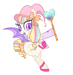 Size: 831x851 | Tagged: safe, artist:peachesandcreamated, oc, oc only, oc:wish craft, bat pony, pony, bow, clothes, female, hair bow, mare, multicolored hair, rainbow hair, simple background, socks, solo, story included, tail bow, transparent background