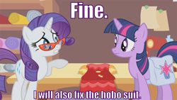 Size: 1600x900 | Tagged: safe, derpibooru import, edit, edited screencap, editor:scrounge, screencap, rarity, twilight sparkle, pony, unicorn, suited for success, edna mode, exploitable meme, image macro, meme, movie quote, the incredibles