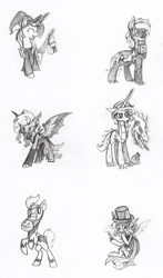 Size: 1280x2175 | Tagged: safe, artist:agentkirin, fili-second, oc, oc only, oc:azure glory, oc:buttercup, oc:clever comet, oc:feather fluff, oc:galaxy star, oc:sky song, oc:stitches, bat pony, dracony, hybrid, pony, timber wolf, undead, vampire, vampony, clothes, costume, monochrome, mr hyde, nightmare night, power ponies, witch