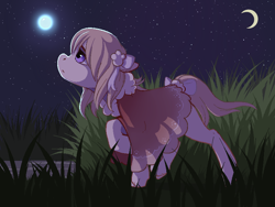 Size: 800x600 | Tagged: safe, artist:littlemoshi, oc, oc only, earth pony, pony, bow, cape, clothes, crescent moon, female, grass, looking up, mare, moon, night, profile, raised hoof, solo, stars, tail bow