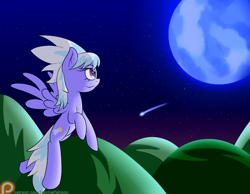 Size: 1800x1400 | Tagged: safe, artist:mechanized515, cloudchaser, pegasus, pony, background pony, flying, moon, night, patreon, patreon logo, shooting star, solo