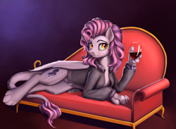 Size: 3824x2800 | Tagged: safe, artist:l1nkoln, oc, oc only, oc:shadowgale, hybrid, original species, alcohol, clothes, jacket, on side, sofa, solo, wine, wine glass