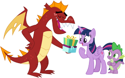 Size: 1852x1164 | Tagged: safe, artist:cloudyglow, garble, spike, twilight sparkle, twilight sparkle (alicorn), alicorn, dragon, pony, eyes closed, female, hand on hip, male, open mouth, present, raised hoof, shipping, simple background, smiling, spread wings, straight, transparent background, twigarble, underhoof