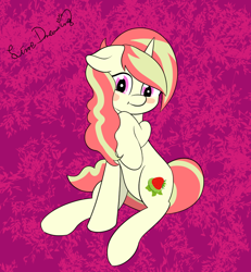Size: 928x1006 | Tagged: safe, artist:limedreaming, oc, oc only, oc:strawberry lime, pony, unicorn, female, mare, sitting, solo