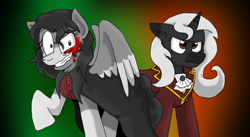 Size: 2316x1266 | Tagged: safe, artist:shonatabeata, oc, oc only, oc:ghost quill, oc:silhouette, pony, clothes, cosplay, costume, edmond dantes, jekyll & hyde, miss pie, rainbow dantes, raised hoof, the count of monte cristo, the count of monte rainbow