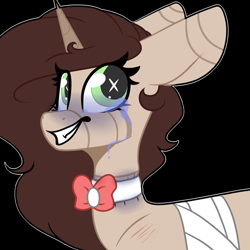 Size: 1024x1024 | Tagged: safe, artist:umiimou, oc, oc only, oc:keanu, pony, unicorn, bandage, bowtie, crying, female, mare, solo