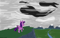 Size: 1602x1004 | Tagged: safe, artist:amateur-draw, twilight sparkle, twilight sparkle (alicorn), alicorn, pony, cliff, missing cutie mark, monster, ms paint, scenery, solo