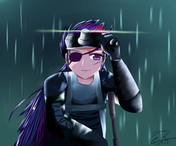 Size: 3000x2500 | Tagged: safe, artist:nekodawnlight, twilight sparkle, human, big boss, crossover, future twilight, humanized, metal gear, metal gear solid, metal gear solid 5, pony coloring, rain, solid snake, solid sparkle, solo