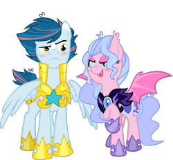 Size: 2721x2519 | Tagged: dead source, safe, artist:cloiepony, oc, oc only, oc:glitzy glam, oc:sky fall, bat pony, pegasus, pony, base used, blushing, female, high res, male, mare, night guard, recolor, royal guard, simple background, stallion, transparent background