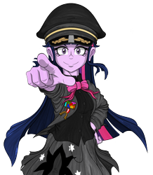 Size: 942x1079 | Tagged: safe, artist:pedantczepialski, derpibooru exclusive, twilight sparkle, equestria girls, alternate costumes, alternate universe, badge, clothes, equestria girls: the parody series, hat, military, peaked cap, pointing, smiling, smirk, uniform, updated design