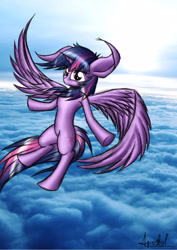 Size: 2480x3507 | Tagged: safe, artist:ap0st0l, twilight sparkle, twilight sparkle (alicorn), alicorn, pony, female, flying, mare, sky, solo, wings