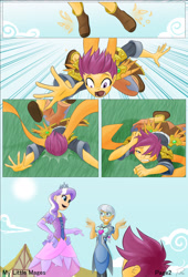 Size: 1762x2588 | Tagged: safe, artist:didj, diamond tiara, scootaloo, silver spoon, human, clothes, comic, dress, faceplant, falling, humanized, mocking, my little mages, teasing