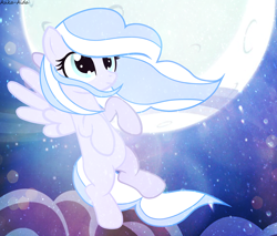 Size: 3744x3186 | Tagged: safe, artist:asika-aida, oc, oc only, pegasus, pony, art trade, cloud, female, flying, full moon, mare, raised hoof, solo, starry night, stars